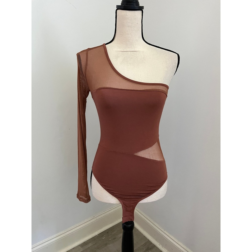 One Shoulder Mesh Cutout Bodysuit‎ Small Rust Brown Long Sleeve Party Chic Club